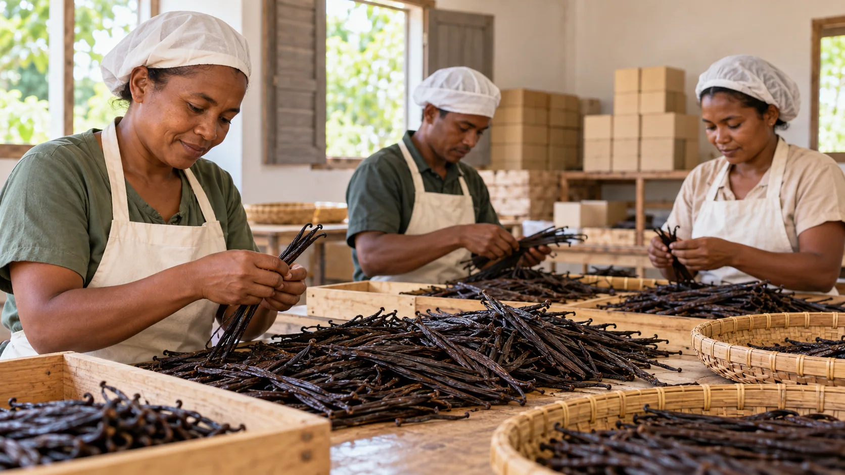 Illustration d’un atelier de préparation de vanille à Madagascar